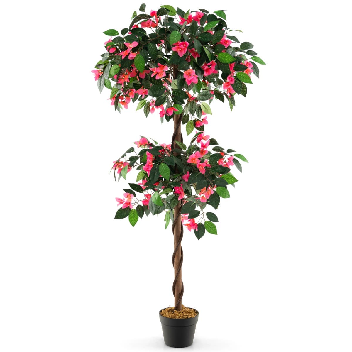 CostwayPlante Artificielle en Pot Remplies de Ciment 150CM avec 252 Fleurs Fausse Bougainvillier avec Tronc en Bois Véritable