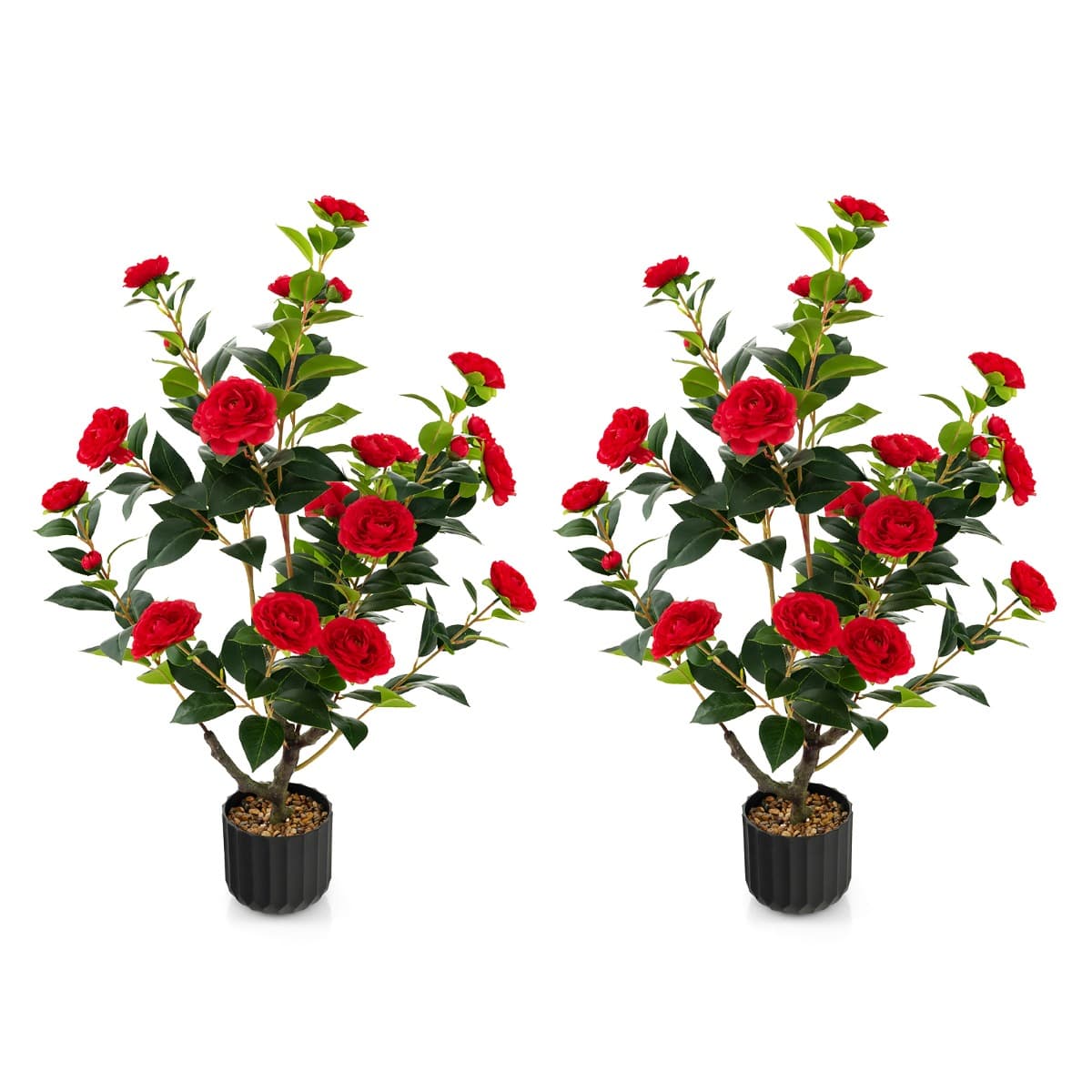 CostwayCamélia Artificiel de 95 Cm Plante Artificielle à 24 Fleurs Dans un Pot en Ciment Fausse Plante Florale Cadeau de Crémaillère Rouge