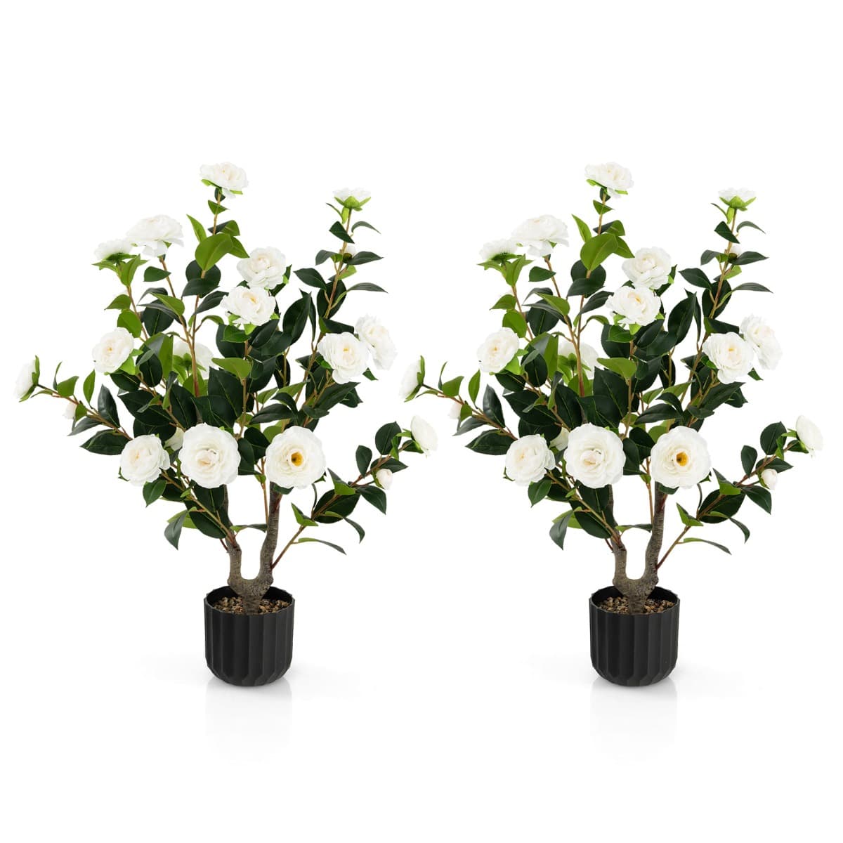 CostwayCamélia Artificiel de 95 Cm Plante Artificielle à 24 Fleurs Dans un Pot en Ciment Fausse Plante Florale Cadeau de Crémaillère Blanc