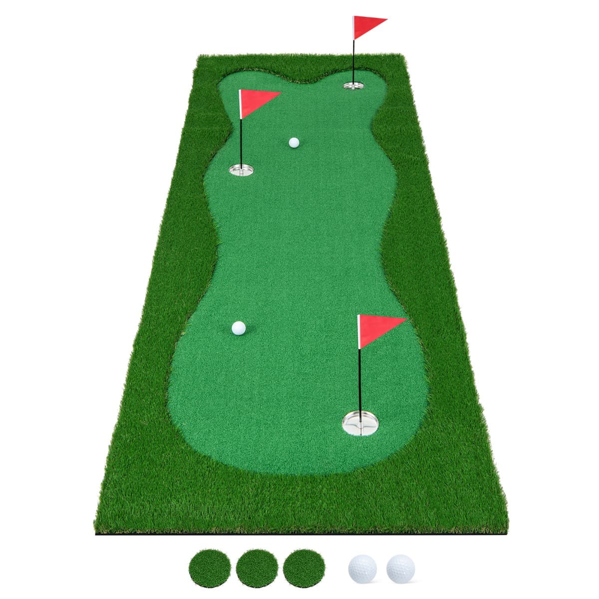 CostwayGreen de Putting de Golf Tapis d'Entraînement Professionnel avec Pelouse Artificielle Réaliste 3 Trous 3 Drapeaux & Gobelets 300 x 100 CM