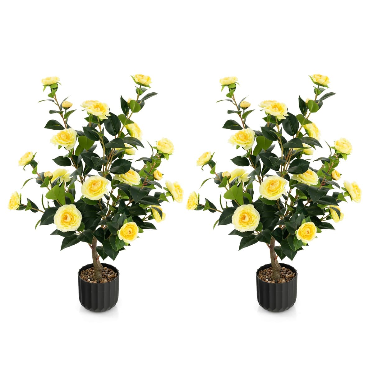 CostwayCamélia Artificiel de 95 Cm Plante Artificielle à 24 Fleurs Dans un Pot en Ciment Fausse Plante Florale Cadeau de Crémaillère Jaune